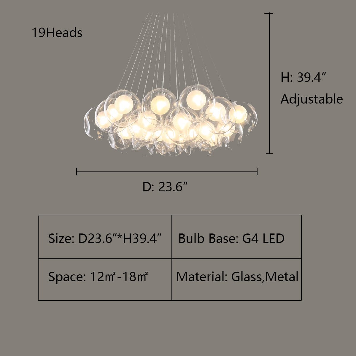 19 Lights: D23.6"*H39.4" Oversize Modern Glass Ball Bubble Light Art Chandelier for Living/Dining Room/Clothing Store