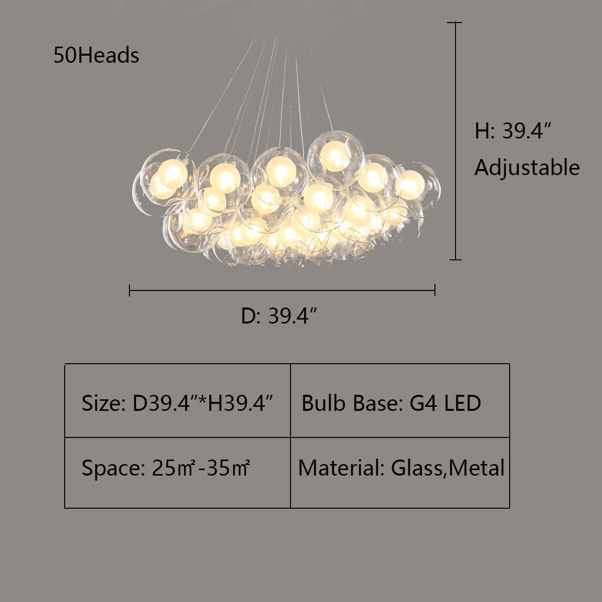 50 Lights: D39.4"*H39.4" Oversize Modern Glass Ball Bubble Light Art Chandelier for Living/Dining Room/Clothing Store