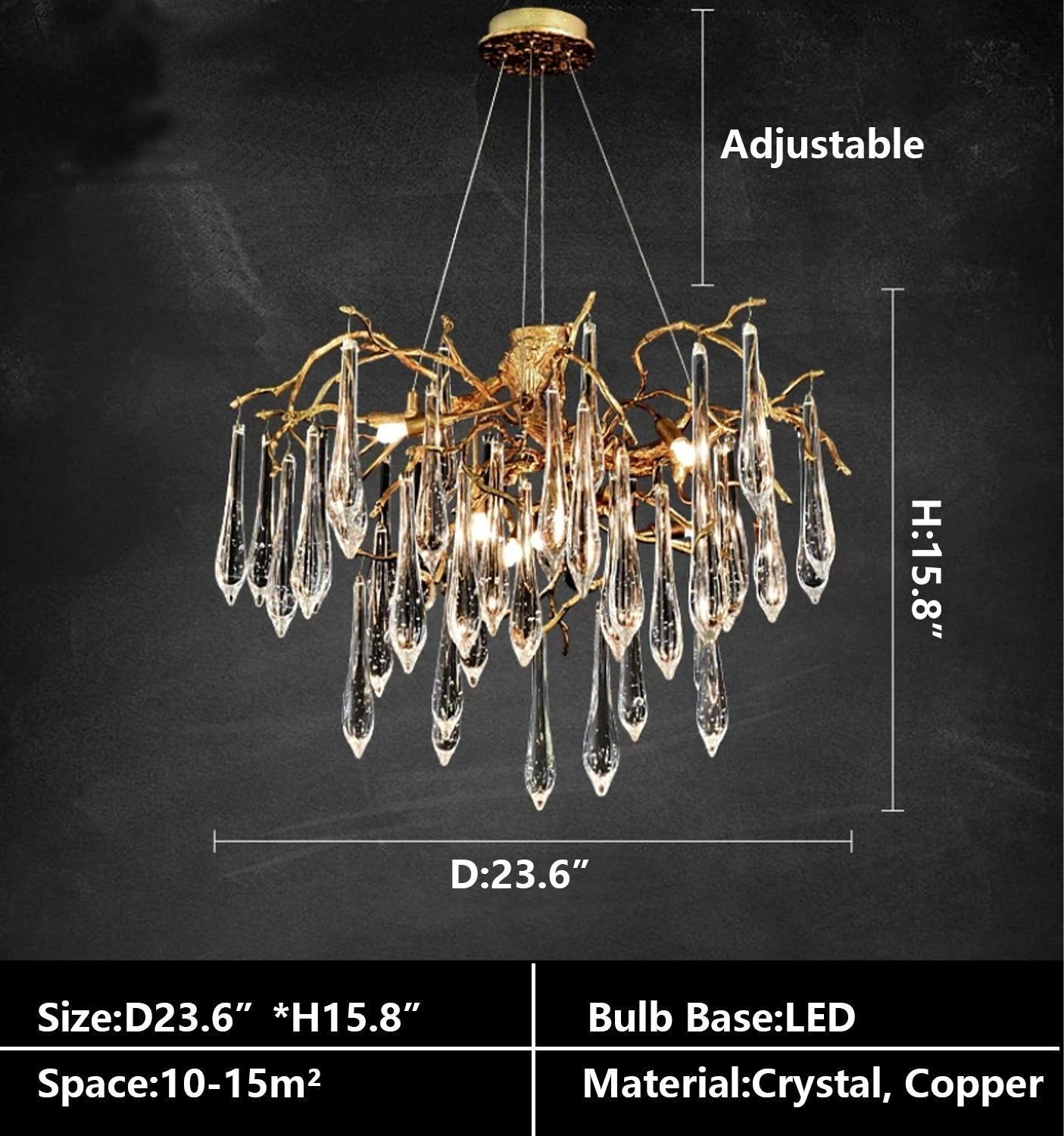 Branch Crystal Drops Chandelier in French Style with Copper Gold Finish for Dining and Living Room Ceiling