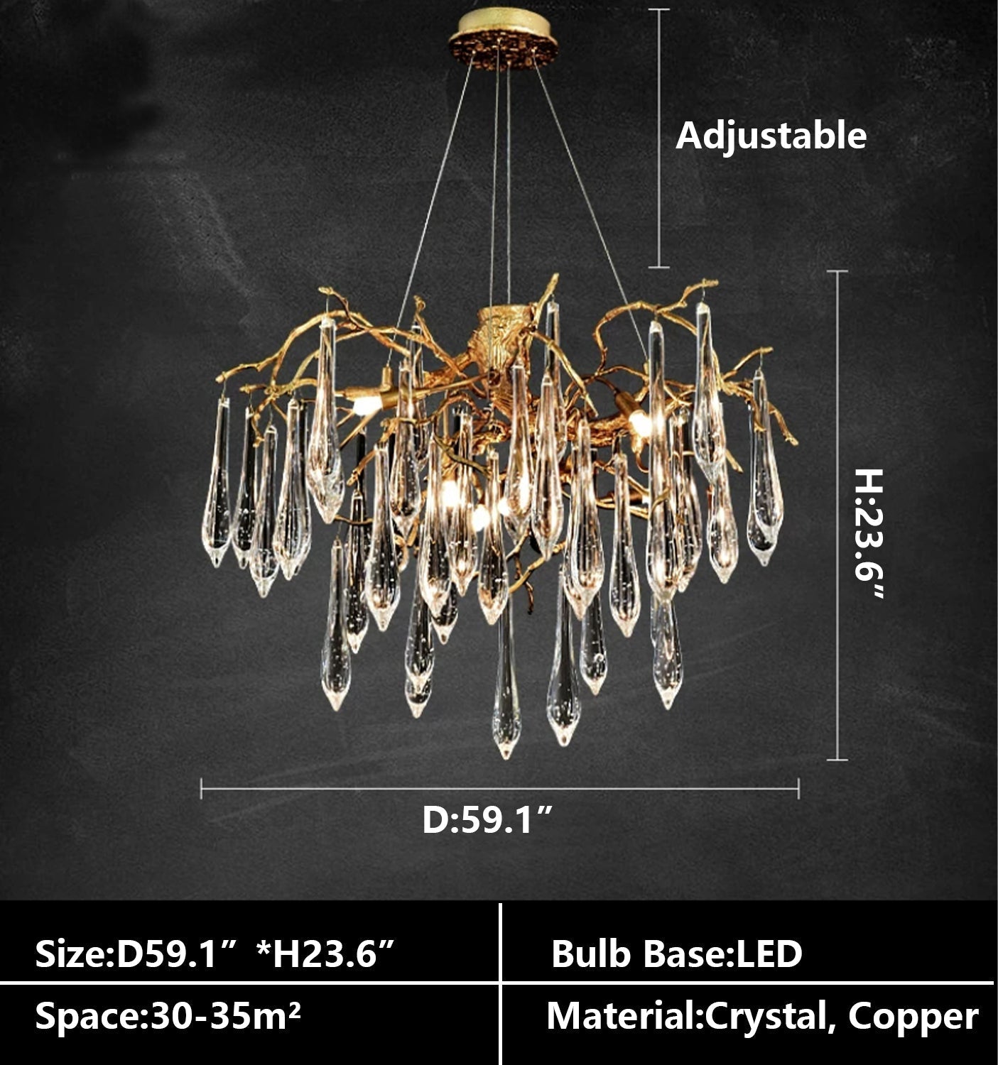 Branch Crystal Drops Chandelier in French Style with Copper Gold Finish for Dining and Living Room Ceiling